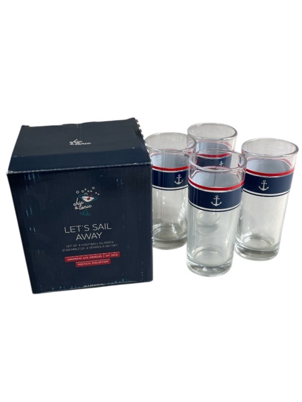 Chic & Tonic NIB Let’s Sail Away High Ball Glasses Set of 4 Nautical Collection